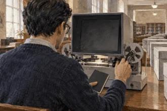 Conceptual painting of a researcher using a microfilm reader in a public library.