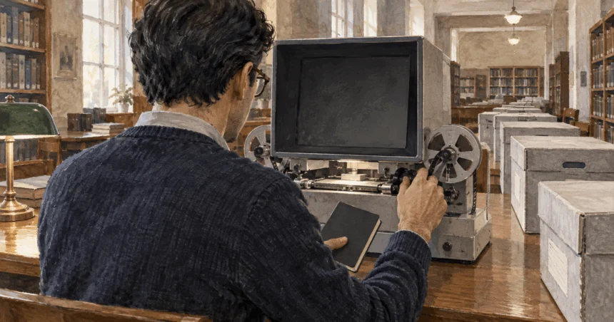 Conceptual painting of a researcher using a microfilm reader in a public library.