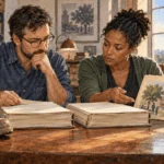 Conceptual watercolor painting of researchers compare different records of war costs.