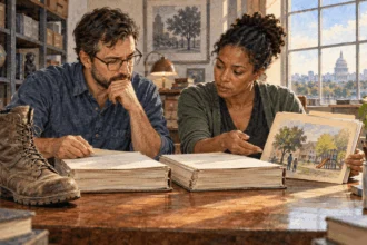 Conceptual watercolor painting of researchers compare different records of war costs.