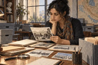 A historian studies archival photographs of an Iranian street.