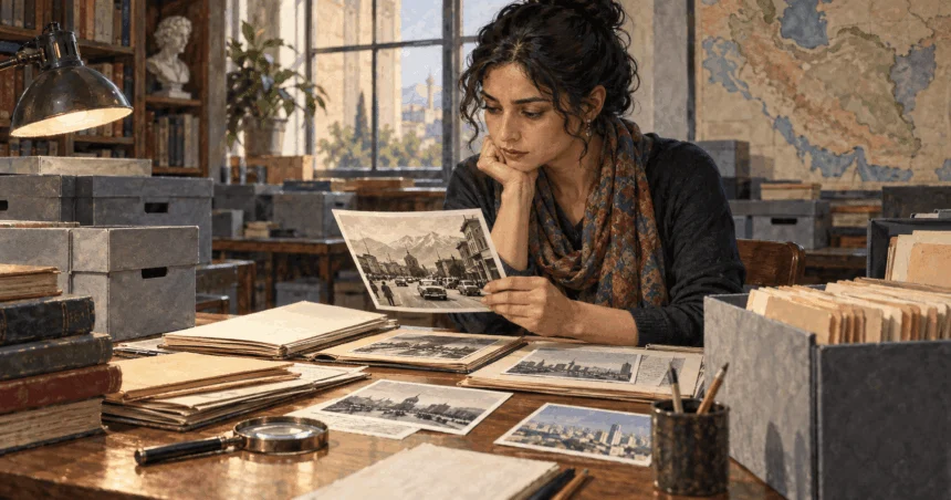 A historian studies archival photographs of an Iranian street.