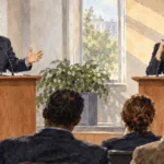 Conceptual watercolor of two analysts presenting contrasting views at a public-policy forum.