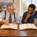 Painted illustration of a tax preparer and client compare two blank ledger books of different eras at a desk, with period-appropriate calculator and computer, conveying decades of changes without invented figures.