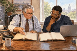 Painted illustration of a tax preparer and client compare two blank ledger books of different eras at a desk, with period-appropriate calculator and computer, conveying decades of changes without invented figures.