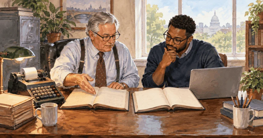 Painted illustration of a tax preparer and client compare two blank ledger books of different eras at a desk, with period-appropriate calculator and computer, conveying decades of changes without invented figures.