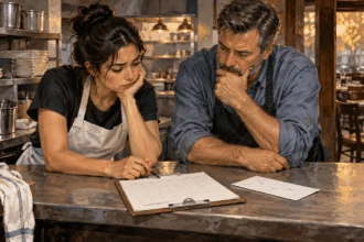 Painted illustration of a restaurant worker and owner examining a shift schedule.