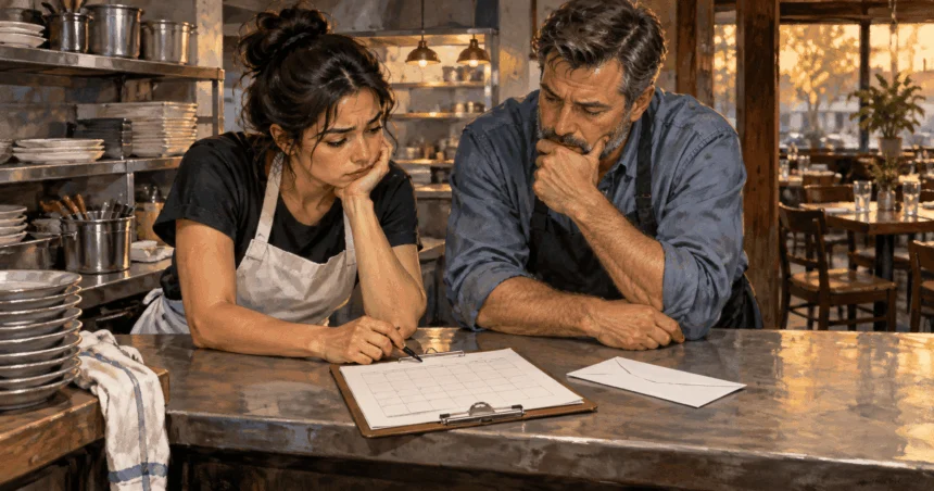 Painted illustration of a restaurant worker and owner examining a shift schedule.
