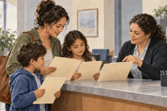Conceptual painting of a parent and children reviewing blank passport-application folders with a clerk.