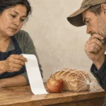 Conceptual painting of a customer and cashier looking at a blank receipt in a small store.