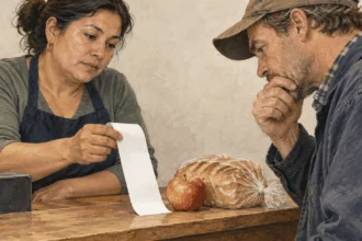 Conceptual painting of a customer and cashier looking at a blank receipt in a small store.