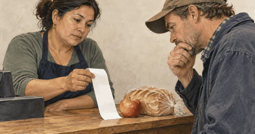 Conceptual painting of a customer and cashier looking at a blank receipt in a small store.