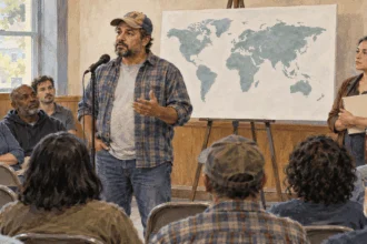Conceptual painting of a resident speaking at a community discussion with an unlabelled world map behind him.