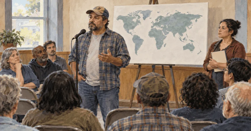 Conceptual painting of a resident speaking at a community discussion with an unlabelled world map behind him.