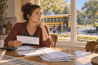 A homeowner reviews tax papers as children board a school bus and road crews work outside.