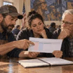 Workers and a retiree discuss payroll deductions around a table.