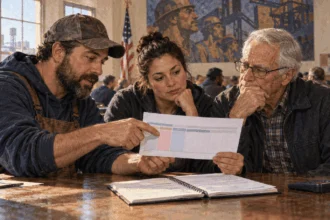 Workers and a retiree discuss payroll deductions around a table.