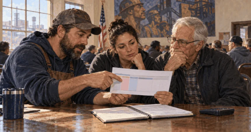 Workers and a retiree discuss payroll deductions around a table.