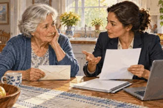 Conceptual watercolor of a retiree and counselor discussing household finances.