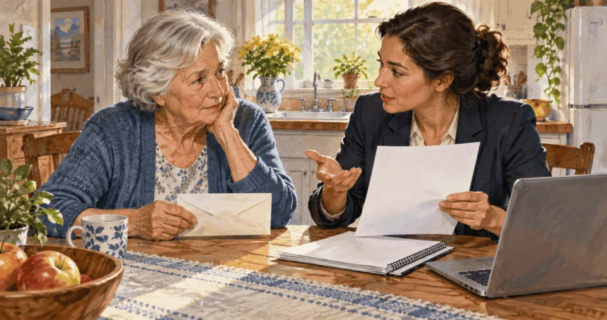 Conceptual watercolor of a retiree and counselor discussing household finances.