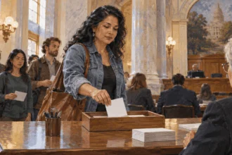 Painted illustration of woman placing a testimony card in a statehouse public-comment tray.