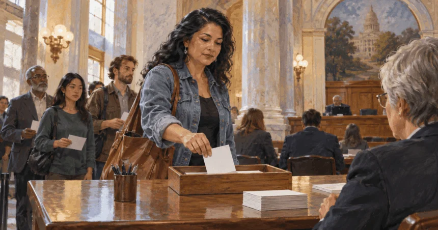 Painted illustration of woman placing a testimony card in a statehouse public-comment tray.