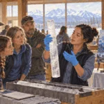 Painted illustration of a researcher showing an ice core sample to visitors at a science event.
