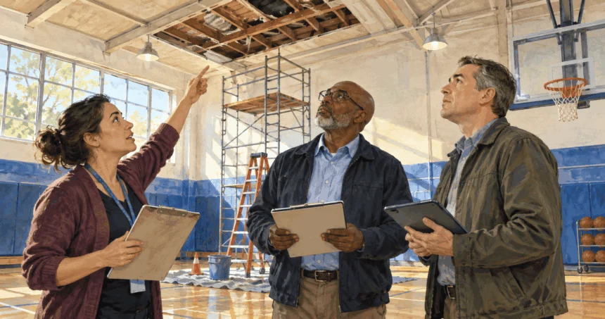 Conceptual watercolor of educators and officials inspecting a school gym repair need.