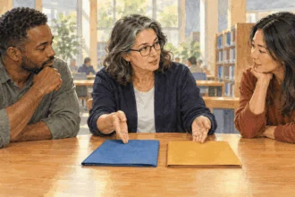 Painted illustration of people comparing wage and investment records at a tax workshop.