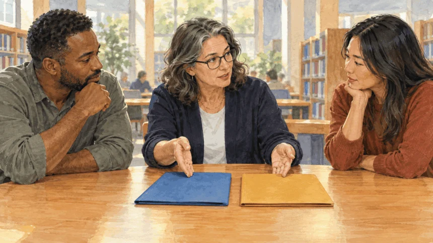 Painted illustration of people comparing wage and investment records at a tax workshop.