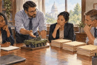 Conceptual watercolor painting of staff consider military spending priorities.