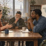 Conceptual painting of three citizens calmly discussing war policy beside an unlabeled world map.