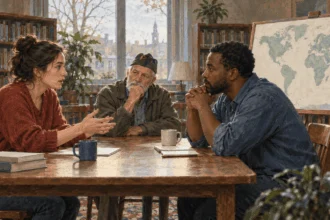 Conceptual painting of three citizens calmly discussing war policy beside an unlabeled world map.