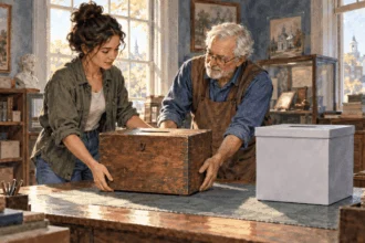 Conceptual watercolor painting of volunteers compare older and newer voting equipment.