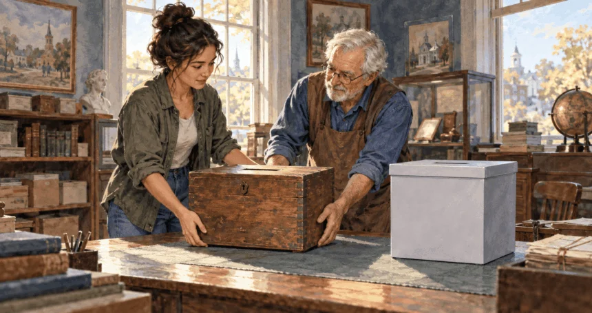 Conceptual watercolor painting of volunteers compare older and newer voting equipment.