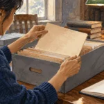 Painted illustration of a researcher examining old files at an archive table.