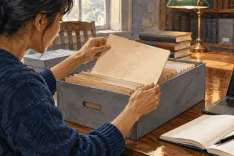 Painted illustration of a researcher examining old files at an archive table.