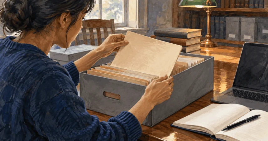 Painted illustration of a researcher examining old files at an archive table.