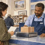 Conceptual painting of a postal clerk weighing a parcel while a customer holds an envelope.