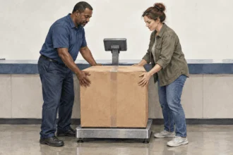 Conceptual painting of a postal worker and customer preparing to weigh a large parcel.