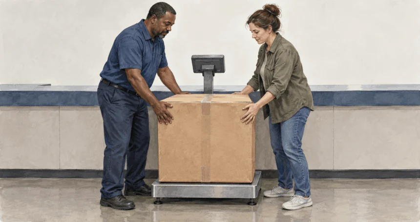 Conceptual painting of a postal worker and customer preparing to weigh a large parcel.