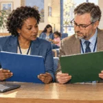 Conceptual watercolor of Medicaid and Medicare program workers comparing separate folders.