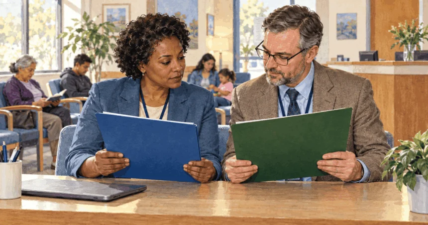 Conceptual watercolor of Medicaid and Medicare program workers comparing separate folders.