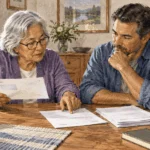 Painted illustration of an older adult discussing household benefit and tax papers with a family member.