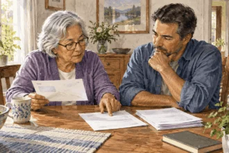 Painted illustration of an older adult discussing household benefit and tax papers with a family member.