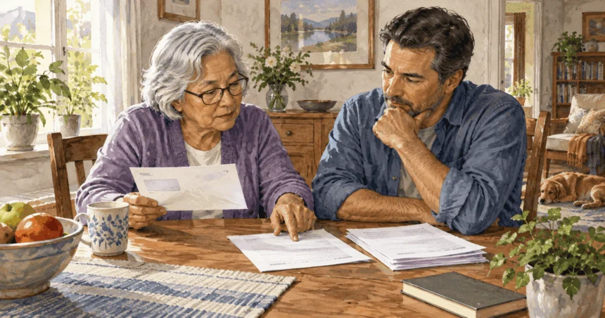 Painted illustration of an older adult discussing household benefit and tax papers with a family member.