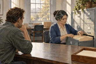 Conceptual watercolor painting of clerk checks unmarked election records.