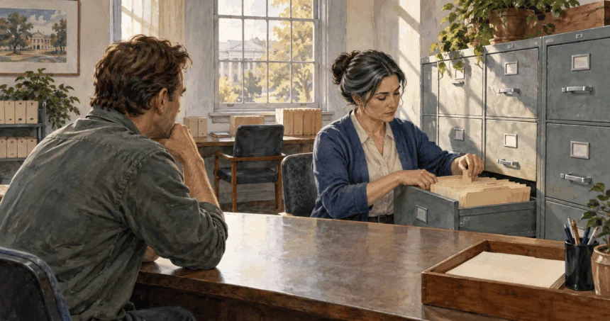 Conceptual watercolor painting of clerk checks unmarked election records.