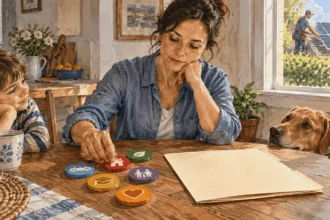 Conceptual painting of a parent considering household priorities beside a tax folder.