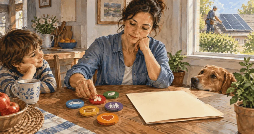 Conceptual painting of a parent considering household priorities beside a tax folder.